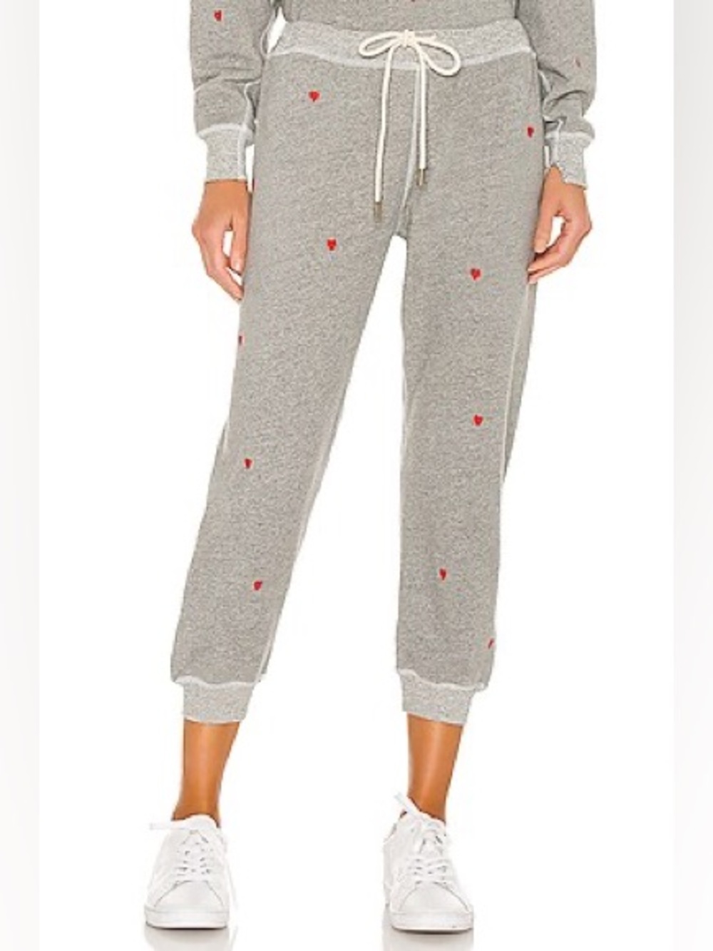 THE GREAT. The Cropped Thermal Sweatpant W/ Heart Embroidery - Varsity Grey - 0